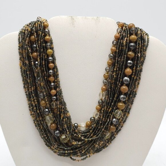 Multi Strand Beaded Statement Necklace Gold Tone Hook Clasp JAPAN Vintage - Picture 1 of 8